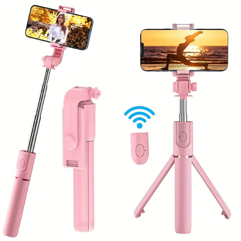 Bastón Selfie Con Tripode Celular Control Bluetooth 2 En 1 Rosado