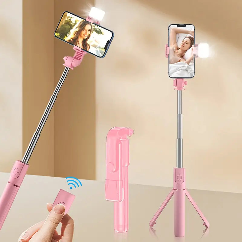 Bastón Selfie Con Tripode Celular Control Bluetooth 2 En 1 Rosado